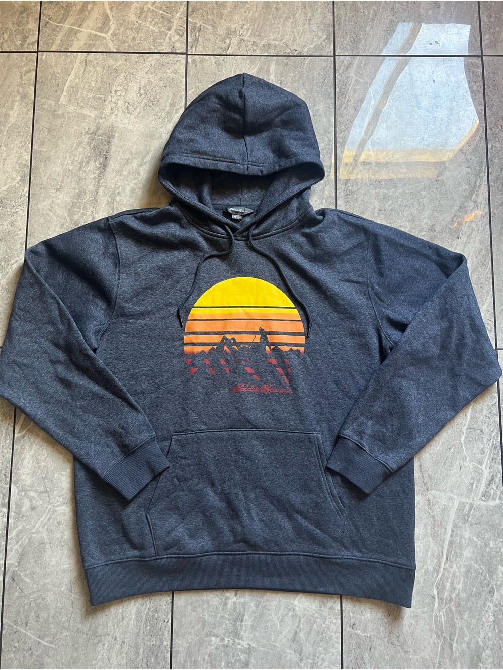 Eddie Bauer Men's Gray Graphic Hoodie Pullover Sweatshirt Mountain Sunset LogoXL